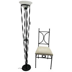 Wrought metal standard lamp (H170cm); wrought metal side chair with curved X-framed back over upholstered seat (W49cm)