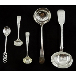 George III silver sauce ladle, London makers mark T*T, Victorian silver ladle, fiddle and thread pattern by Josiah Williams & Co, Exeter 1874 , two George III silver mustard spoons and one other silver spoon, hallmarked, approx 5oz