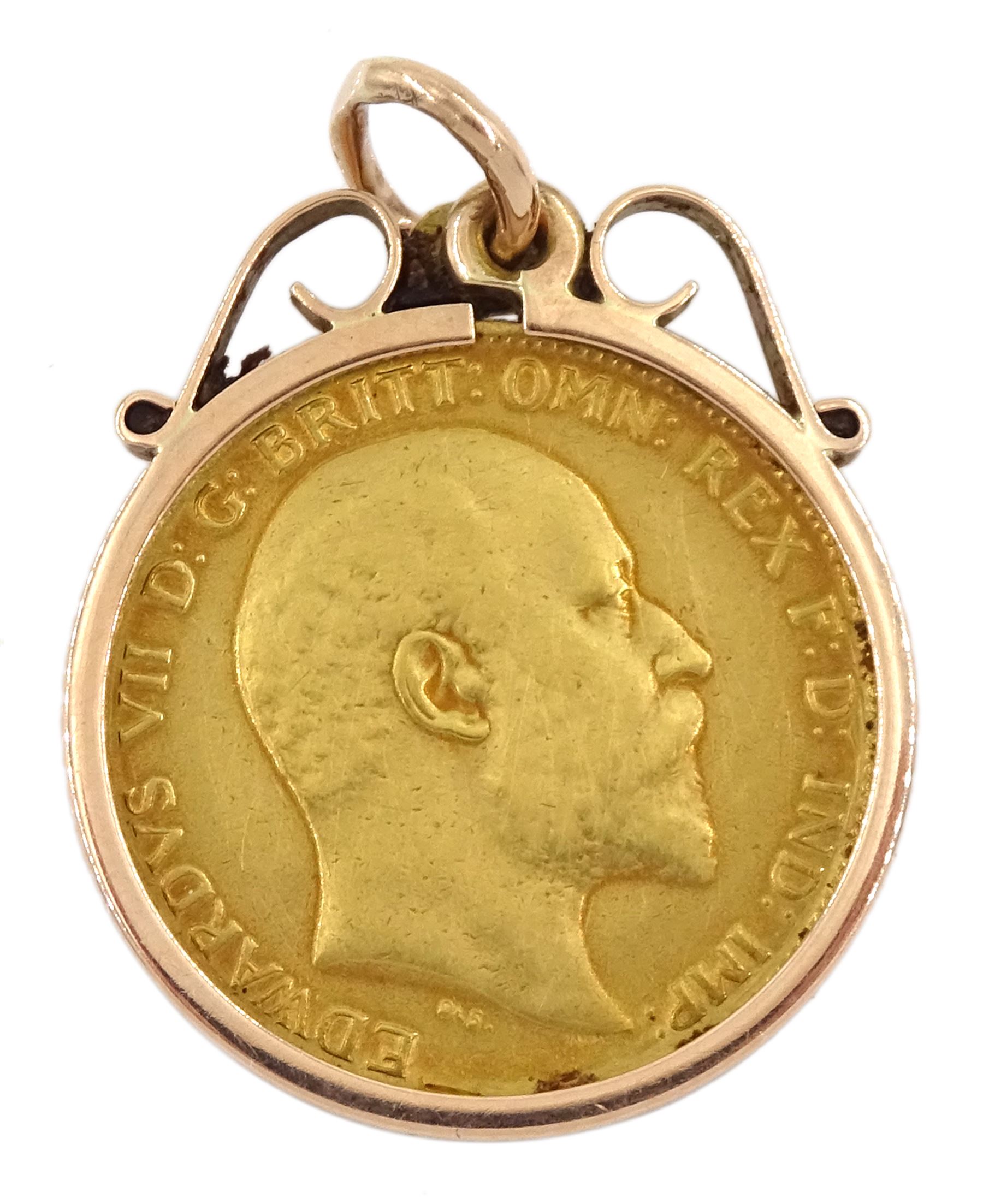 King Edward VII 1906 gold half sovereign coin, loose mounted in 9ct gold pendant