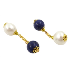  Pair of gilt lapis lazuli and pearl cufflinks  