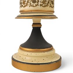 Pair of table lamps, the central column with gilt and and black bands and a foliate boarder, with cream shades, H58cm without shades 