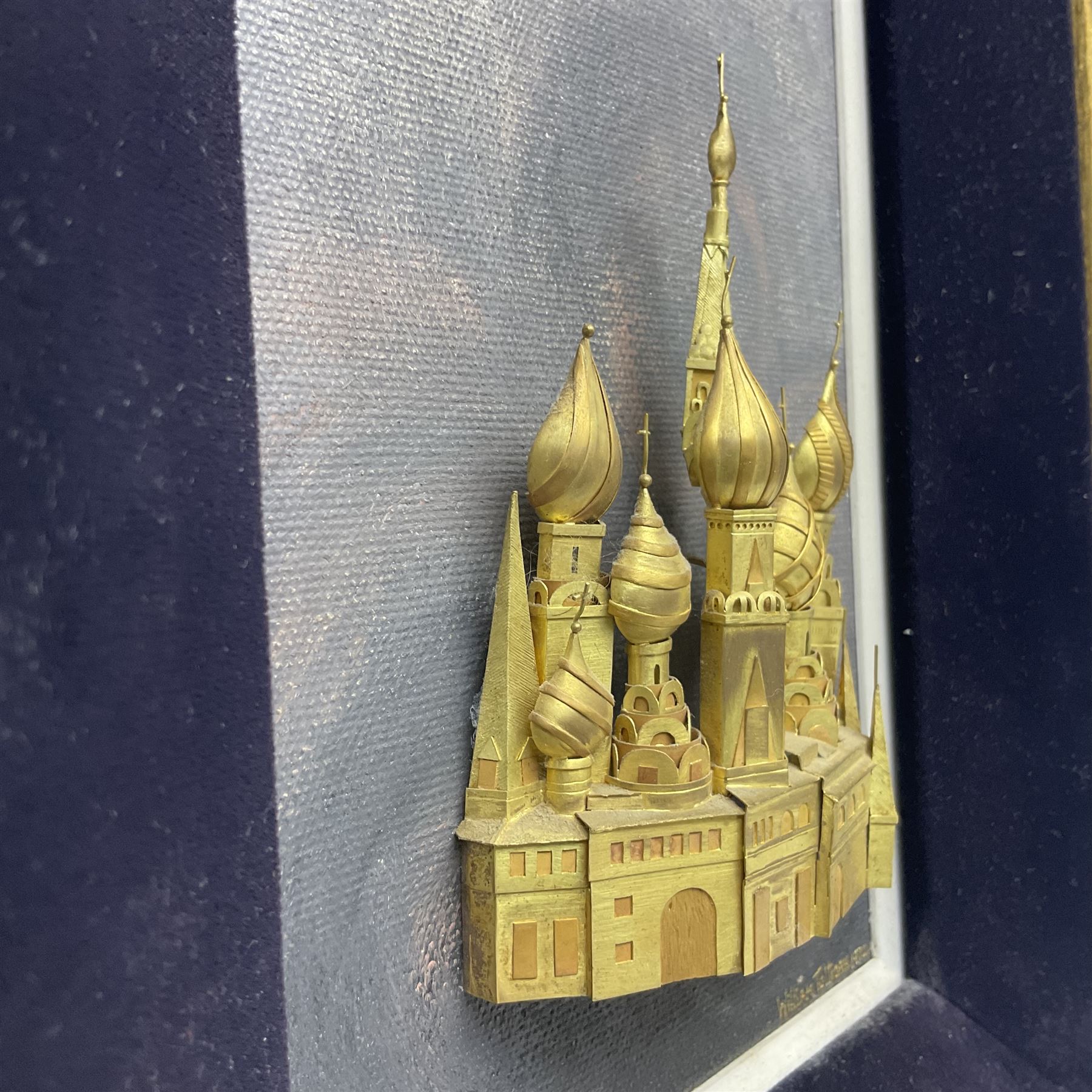 William Tolliday yellow metal study of a Russian Church, upon painted background within velvet and gilt wood frame, signed and dated to corner, H31cm