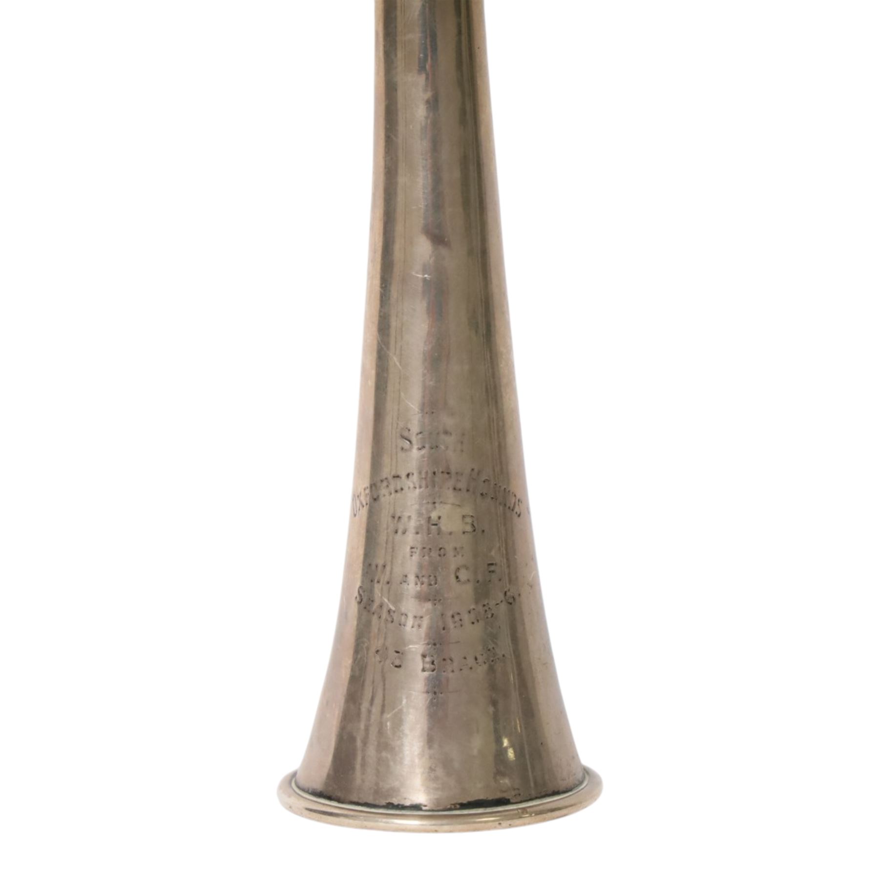 Early 20th century silver hunting horn, of typical form engraved 'South Oxfordshire Hounds W.H.B. from W. and C.F. Season 1905-6 43 Brace', marked Whippy London , hallmarked (worn and indistinct), L24cm
