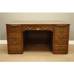  Large 20th century mahogany twin pedestal desk, eight drawers and two slides, W155cm, H78cm, D95cm  