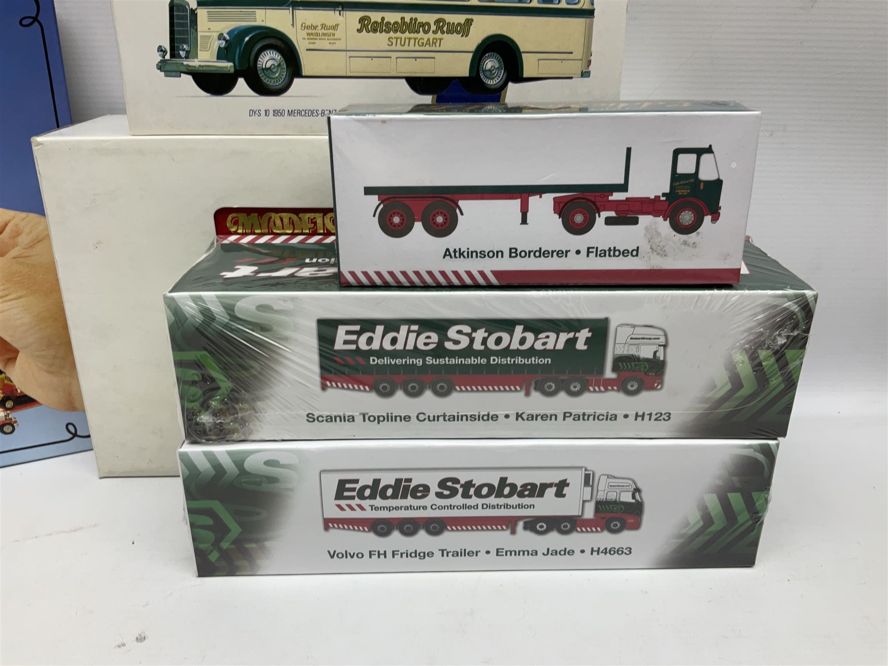 Matchbox - 1929 Scammell 100 ton truck with GER 2-4-0 locomotive; 1936 Leyland Cub Fire-Engine; five Models of Yesteryear; six Dinky Collection vehicles; and Matchbox reference book; together with three Atlas Eddie Stobart vehicles; and three Lledo promotional models; all boxed 