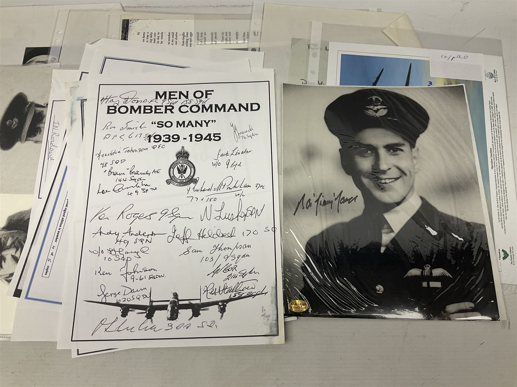 76 Squadron - small archive of photographs, signatures etc; signed copy of Conversations with a Rear gunner by Tony Winser; and collection of signatures of WW2 pilots and aircrew, some original but most facsimile/copies, including Lt. Col. W.A. Bishop VC, DSO, MC, DFC, Johnnie Johnson, Bomber Command etc