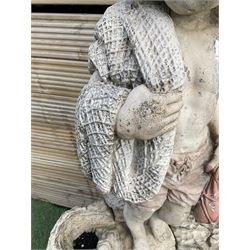 Three section cast stone garden figure of a boy carrying fishing net and a satchel with a water feature together with a cast stone planter on plinth - THIS LOT IS TO BE COLLECTED BY APPOINTMENT FROM DUGGLEBY STORAGE, GREAT HILL, EASTFIELD, SCARBOROUGH, YO11 3TX
