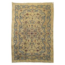 Central Persian Kashan hand-knotted carpet, ivory field with central shaped medallion, sur...