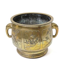 Chinese carved hardwood figure of Shou Lao formed as a table lamp H56cm excluding fitting and a Japanese brass two handled jardiniere decorated with raised panels of birds, flowers etc D27cm (2)