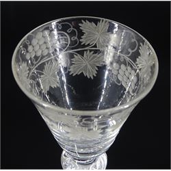 Mid 18th century wine glass, the funnel bowl engraved with fruiting vines upon a single series air twist double knopped stem and conical foot, H16.5cm