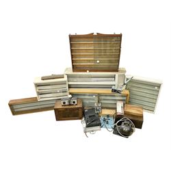 Six shelved cabinets for displaying ‘00’ gauge locomotives comprising plain plywood and wh...