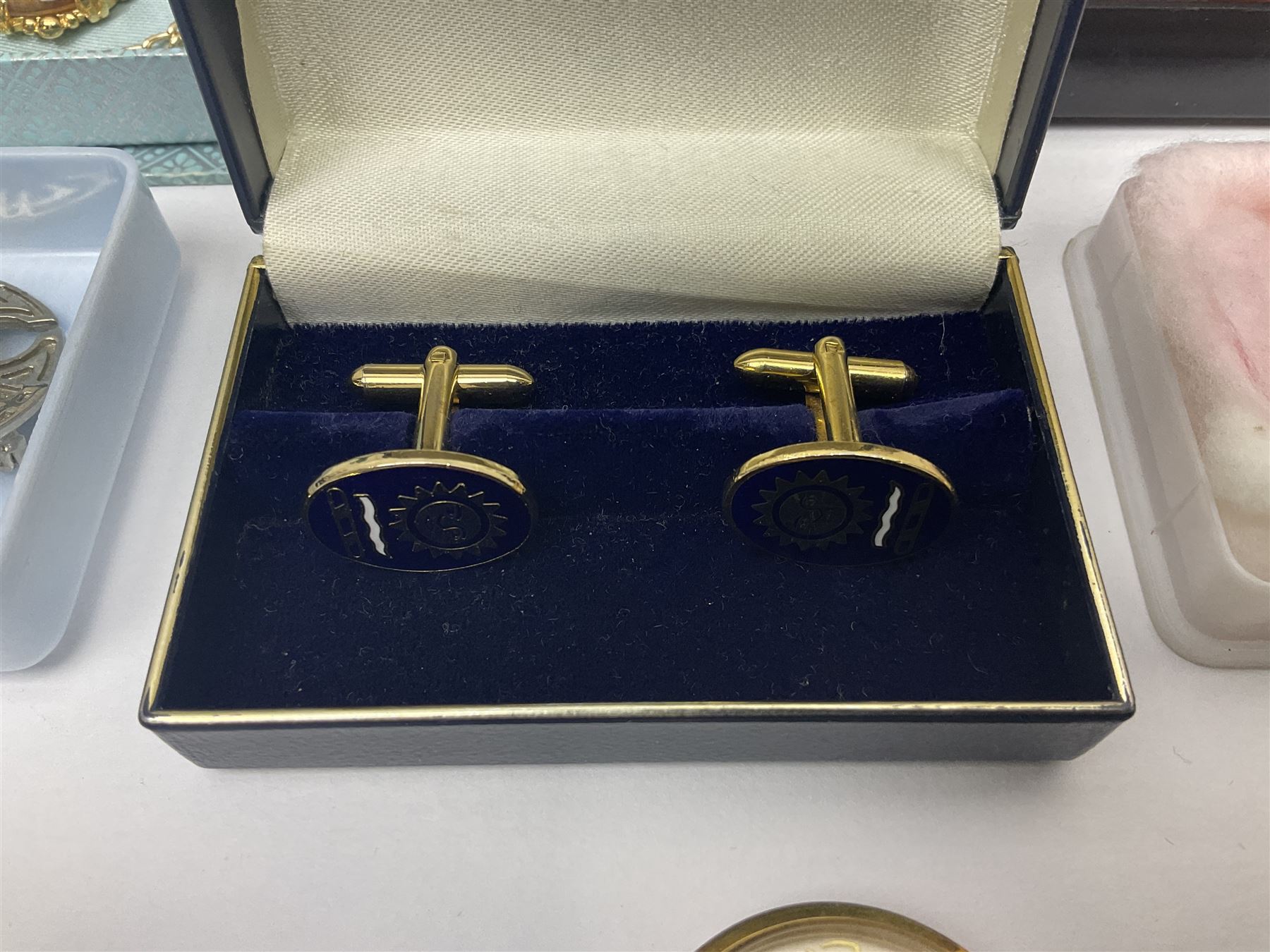 Scottish silver Ola Gorie arctic tern brooch and a matching pair of earrings, 9ct gold stud earrings, collection of costume jewellery, three wristwatches including Ingersoll and Rotary, a Freeman's Alright pocket watch and a continental silver fob watch stamped 935