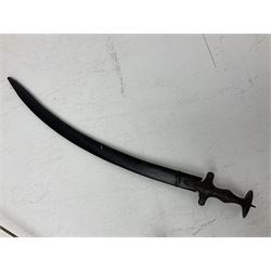 20th century Indian Tulwar sword with 71cm plain curving steel blade and iron hilt with extended langets, knopped grip and spiked pommel; in canvas covered wooden scabbard L87.5cm overall; together with five fencing swords comprising four foils and one epee, three marked Leon Paul, one in carrying case (6)