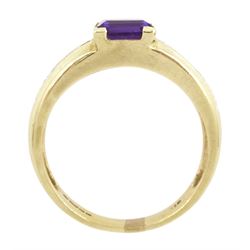9ct gold princess cut amethyst ring, with diamond set shoulders, hallmarked