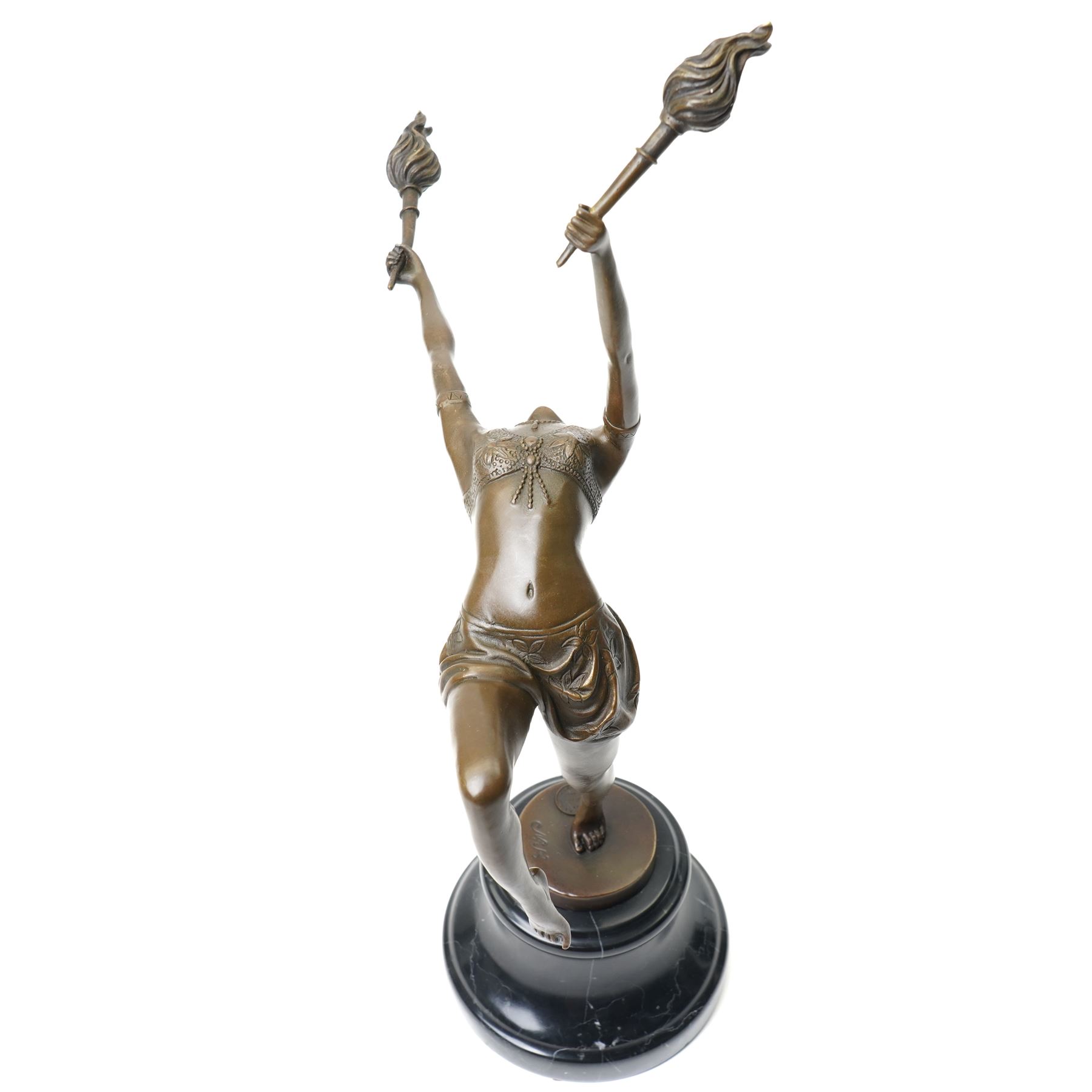 Art Deco style bronze figure of a female dancing with flame torches, raised upon marble socle base, signed F. Paris, H43cm