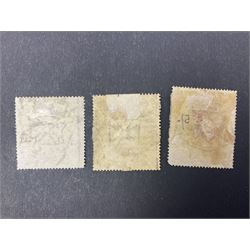Three Great Britain Queen Victoria 1867-83 five shillings stamps, all used, all previously mounted