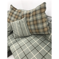 Tetrad corner sofa upholstered in leather and chequered fabric (W272cm & 246cm) with matching foot stool