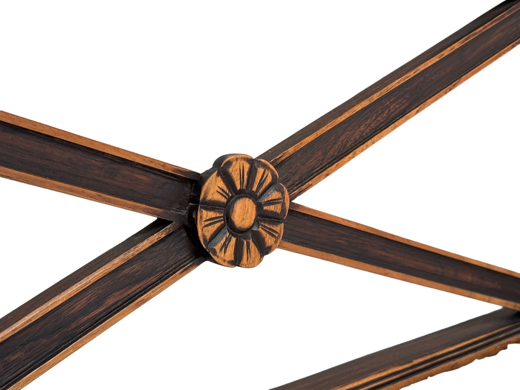 Georgian design Indian sheesham hardwood framed four poster bed, lattice slats to the top supported by reeded cylindrical and octagonal column uprights, the pierced stepped headboard carved with floral motifs, with associated mattress