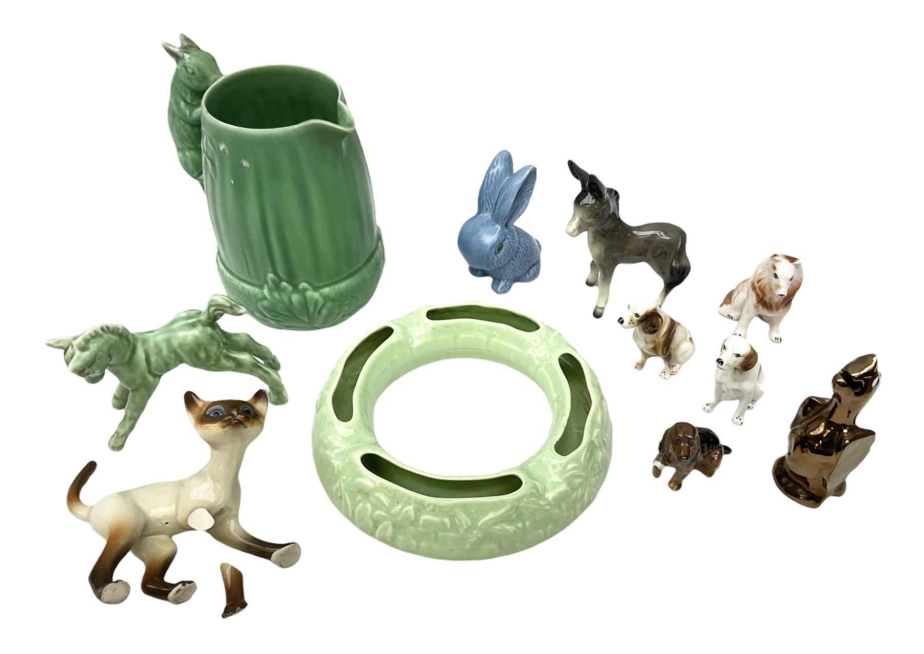 Sylvac blue rabbit no. 1067, green horse no. 1334, jug with squirrel handle no. 1958 (a/f), Royal Doulton dog figure, and other ceramics in one box