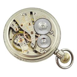 WWII Royal Navy nickel pocket watch by Waltham Vanguard, 23 jewels lever movement, white enamel dial with Arabic numerals and subsidiary seconds dial, the back case with broad arrow and engraved Bravingtons