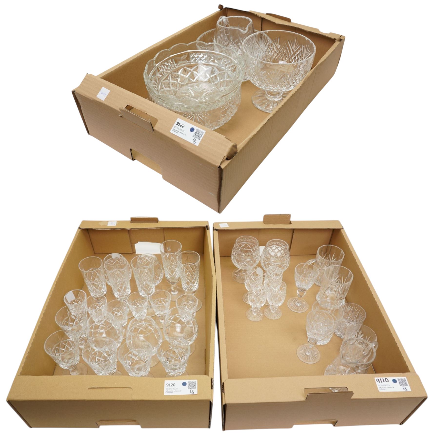 Large collection of glassware, to include Stuart Crystal, Royal Doulton, Brierley and others, in three boxes