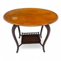 Set of two early 20th century mahogany occasional tables, comprising an oval example with under-tier and galleried shelf on swept supports, and a drop-leaf Sutherland table with turned gateleg supports and stretcher base (Oval H 74cm, W 57cm, D 86cm) (Sutherland H 71cm, W 30cm-94cm, D 76cm)