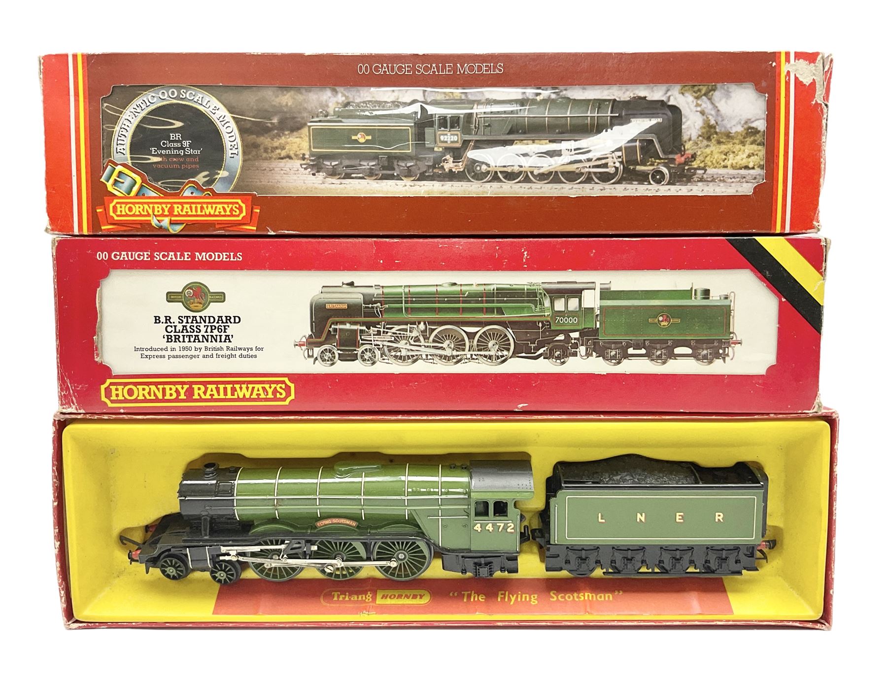 Hornby '00' gauge - Class 9F 2-10-0 locomotive 'Evening Star' No.92220; Standard Class 7P6F locomotive 'Britannia' No.70000; both boxed; and 4-6-2 locomotive 'Flying Scotsman' No.4472; in box base only with slip-case (3)
