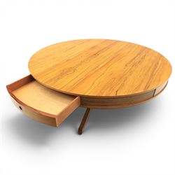 Robert Heritage for Archie Shine - mid-20th century santos rosewood drum table, circular top with four drawers with recessed handles, receded elements, raised on a cylindrical support with three legs