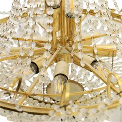 Art Deco style set of two chandeliers, brass and beaded glass, (H 60cm, Di 60cm) (H 75cm, Di 62cm) 