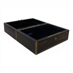 19th century brass mounted coromandel wood box, the hinged lid with inlaid cartouche with initials to the centre, opening to reveal two removable velvet lined trays 