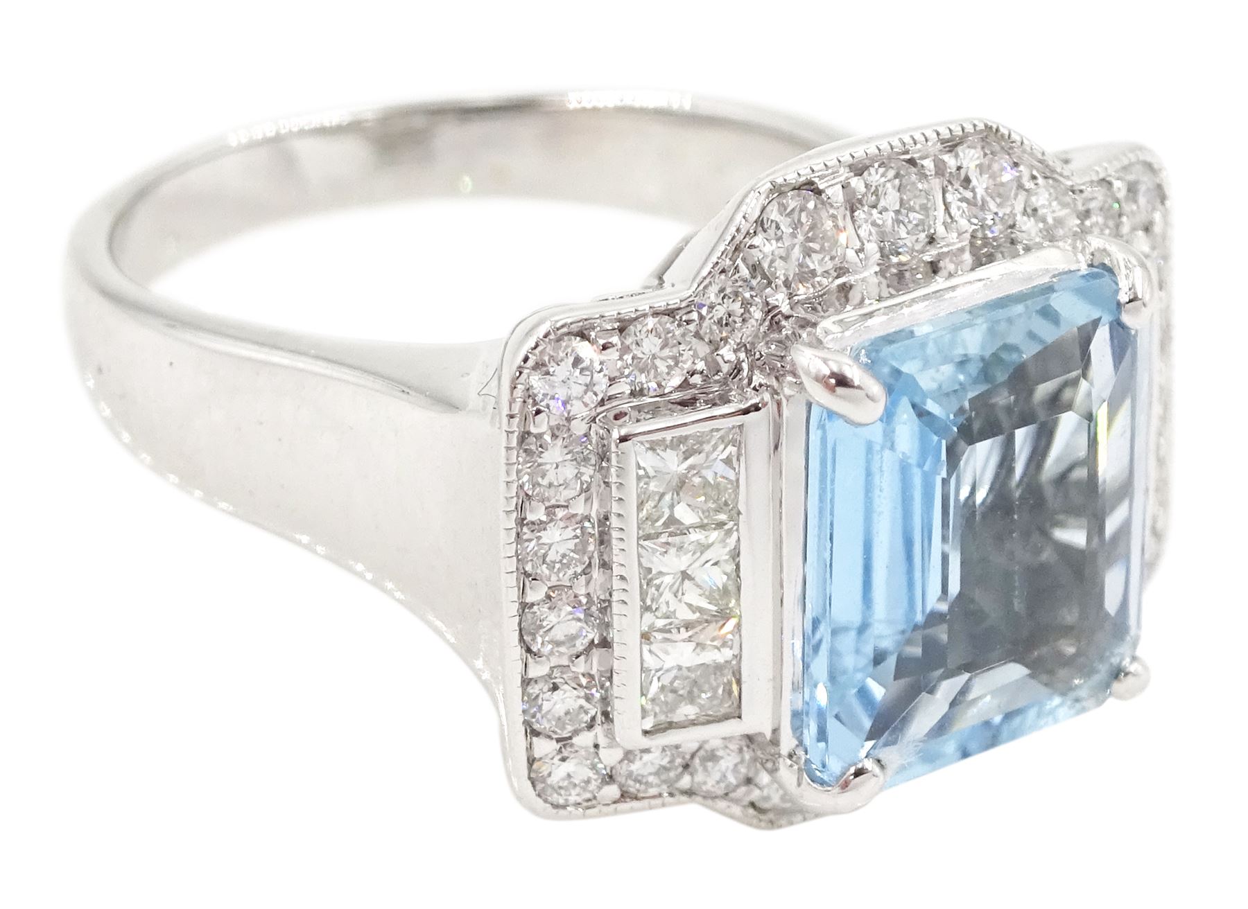 18ct white gold aquamarine and diamond ring, emerald cut aquamarine with princess cut and round brilliant cut diamond surround, stamped 750, aquamarine approx 2.45 carat, total diamond weight approx 0.90 carat
