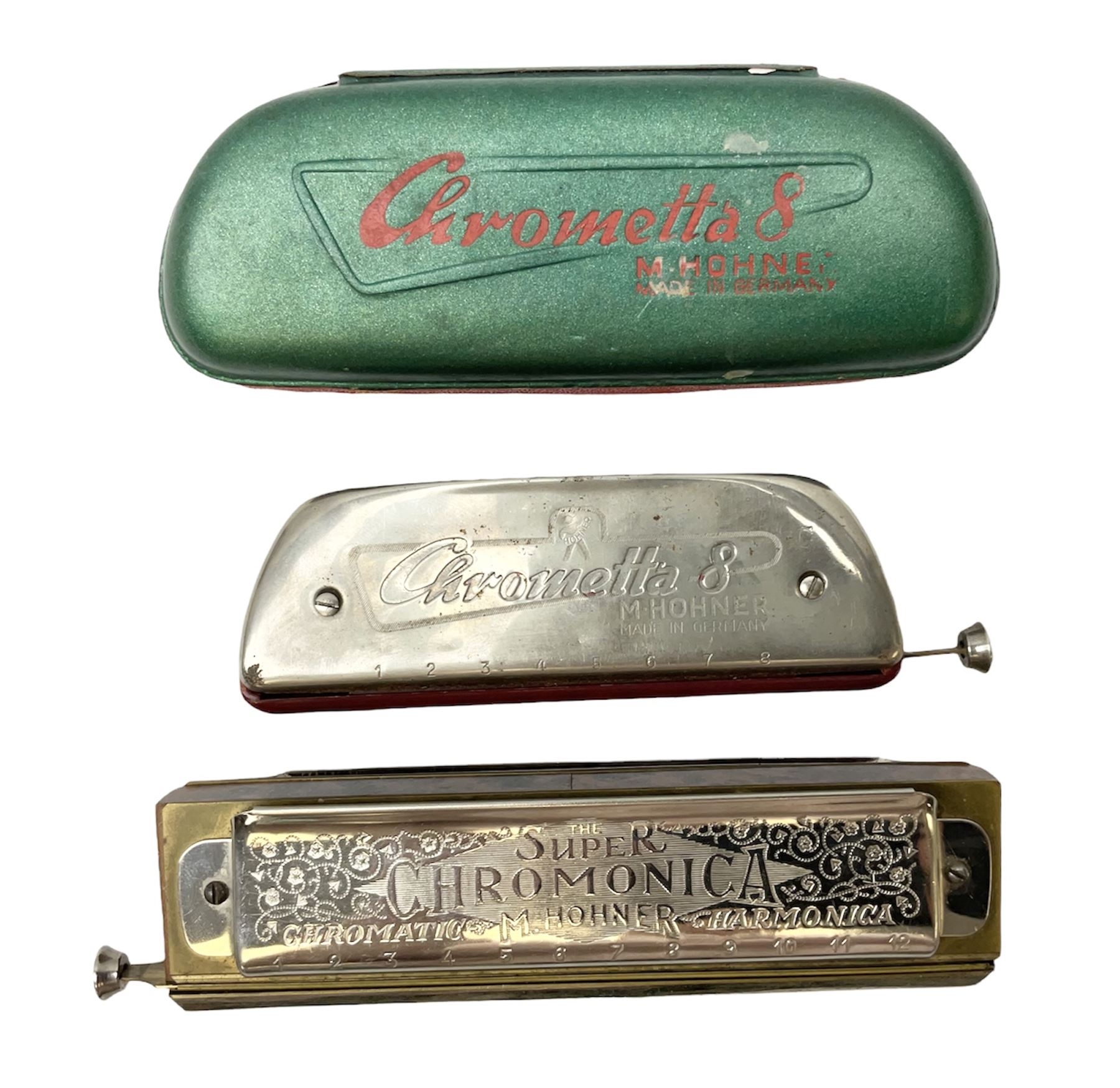 German M. Hohner Chrometta 9 harmonica in case, together with Hohner Chromonica harmonica