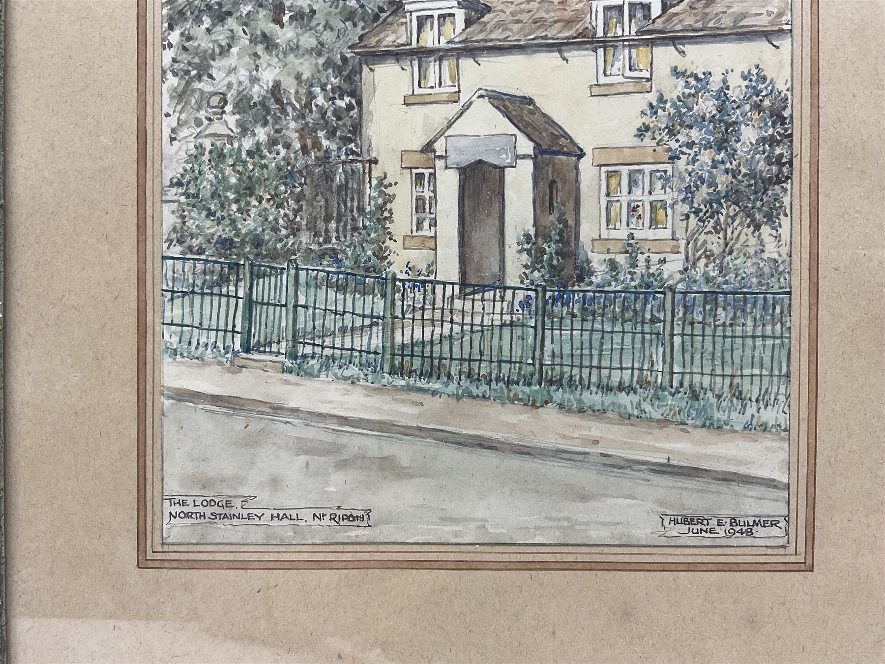 Henry George Walker (British 1876-1932): The Village Inn, etching with hand colouring; English School (Early 20th Century): Whitby Boats, watercolour unsigned; Hubert Ernest Bulmer (British 1874-1963): 'The Lodge - North Stainley Hall Nr Ripon', watercolour signed titled and dated 1948; John Cartmel Crossley (British 1933-?): 'The Road to Eglingham', watercolour signed, titled verso max 24cm x 34cm (4)