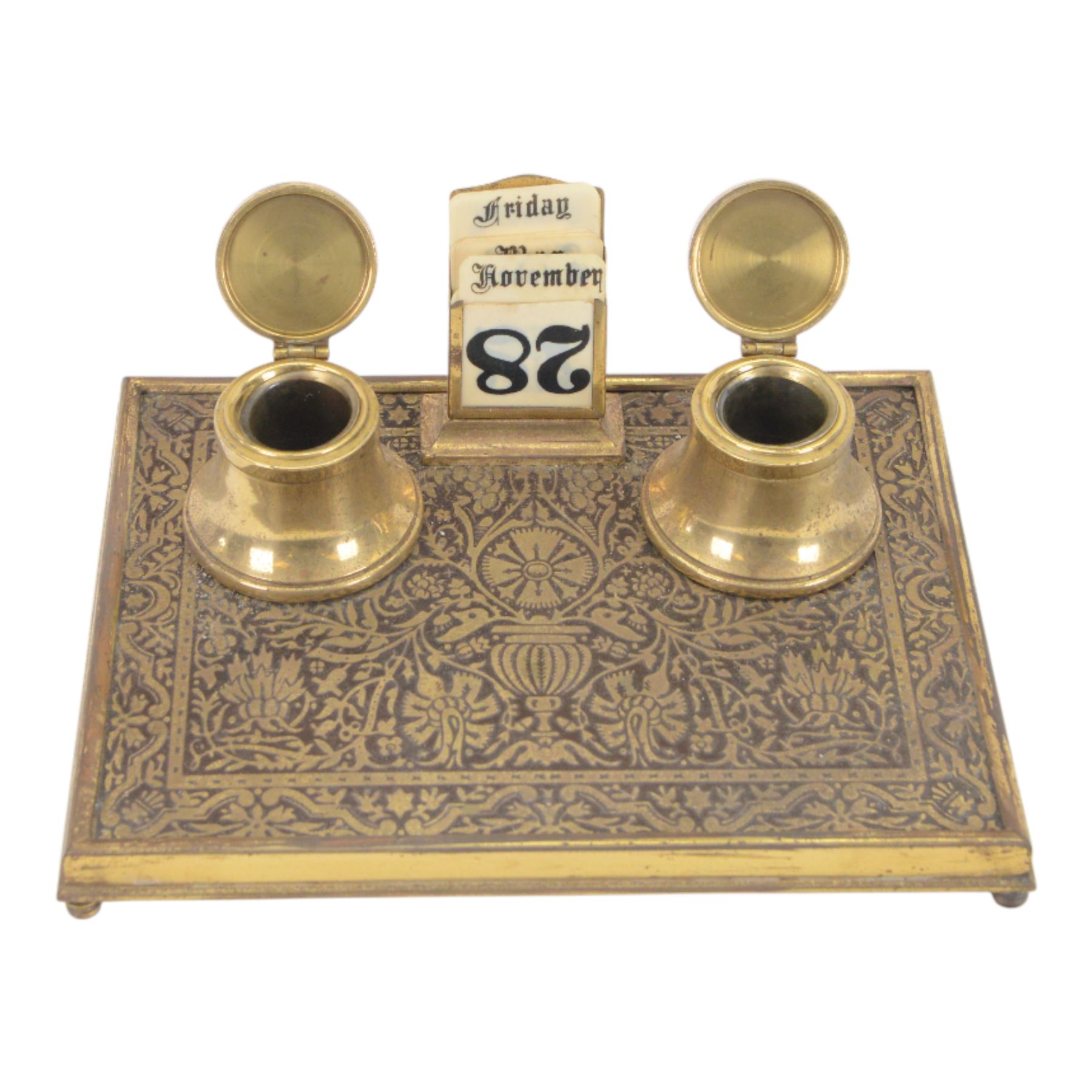 19th century brass inlaid desk stand with perpetual calendar, H7cm 