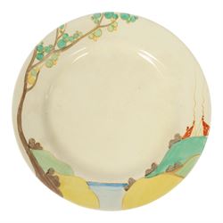 Clarice Cliff Secrets pattern plates, circa 1933, hand painted with a shoulder variant of a tree and cottage landscape, with Bizarre and printed marks to base, D23cm and D18cm