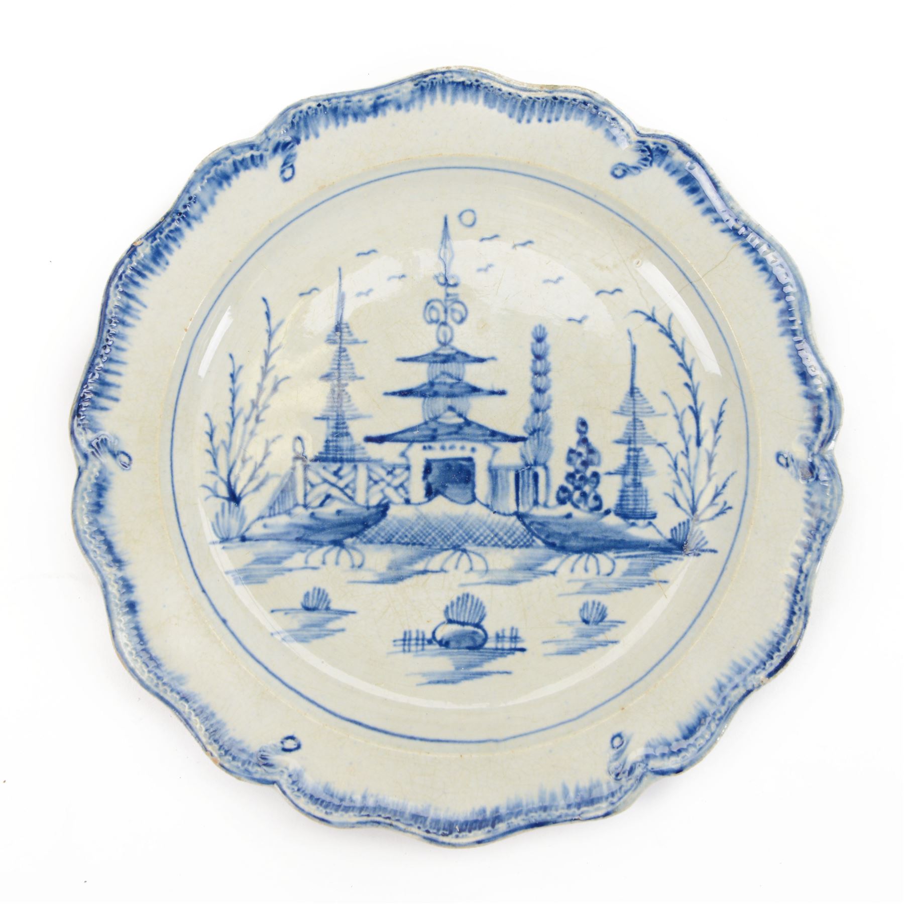 Near pair of late 18th century blue and white Pearlware plates, possibly Liverpool, D20cm