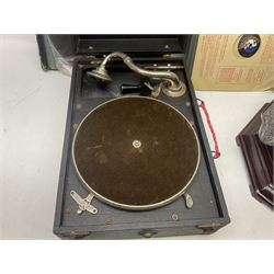 Reproduction Victrola gramophone with brass horn, together with May-Fair Deluxe wind up gramophone and a quantity of vinyl records