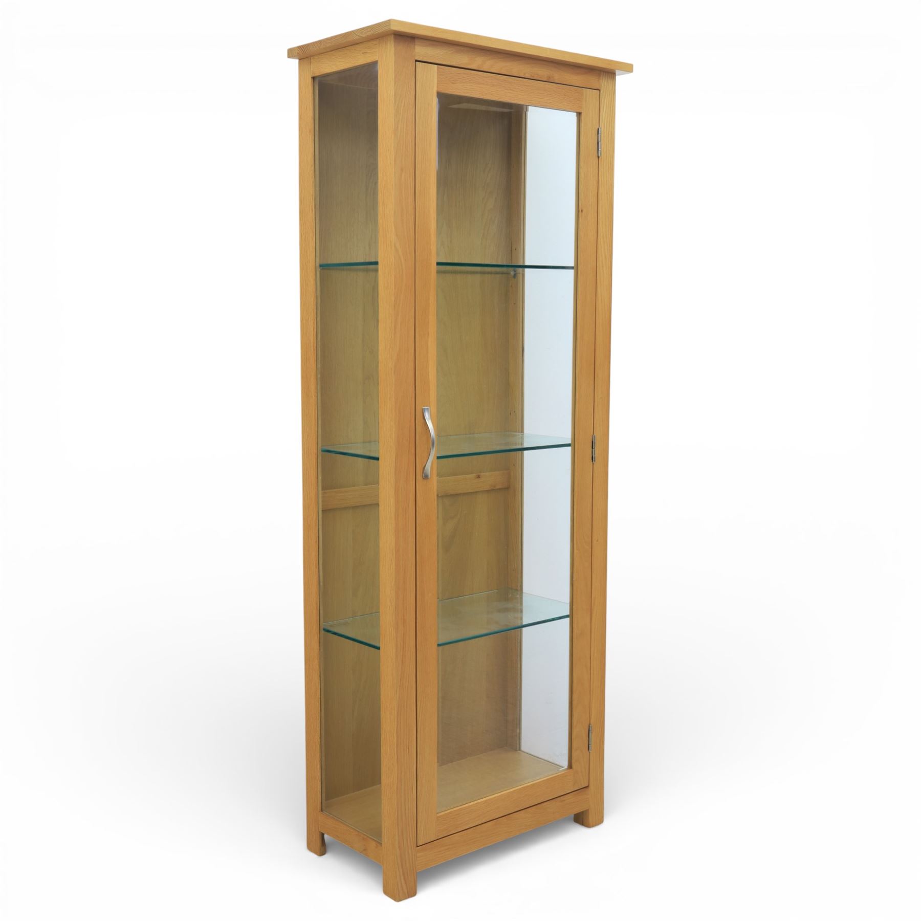 Contemporary light oak display cabinet, fitted with glazed door and glass sides, enclosing three adjustable glass shelves 
