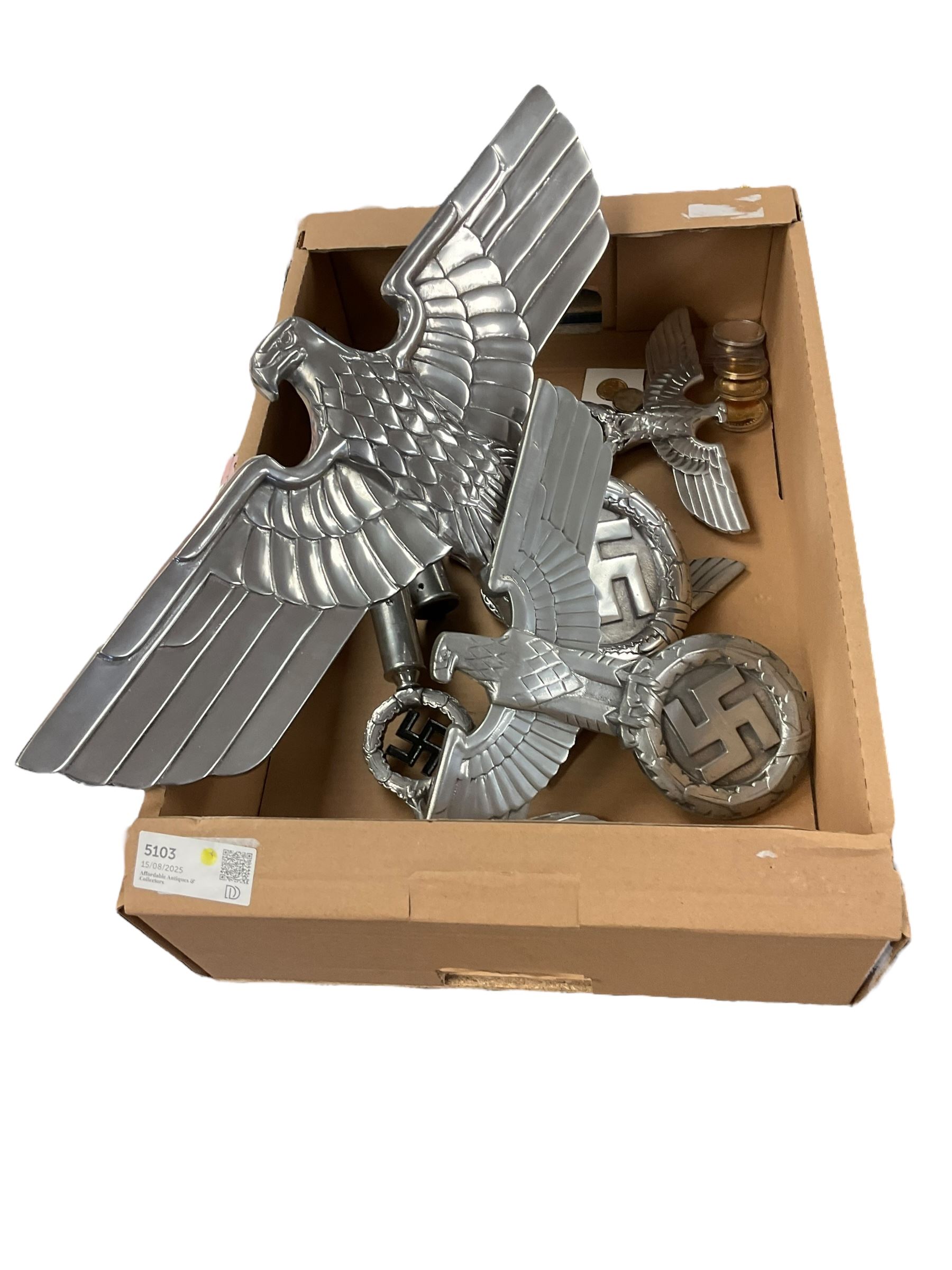 Collection of replica German WWII items, including solider figures, street sign etc, in three boxes 
