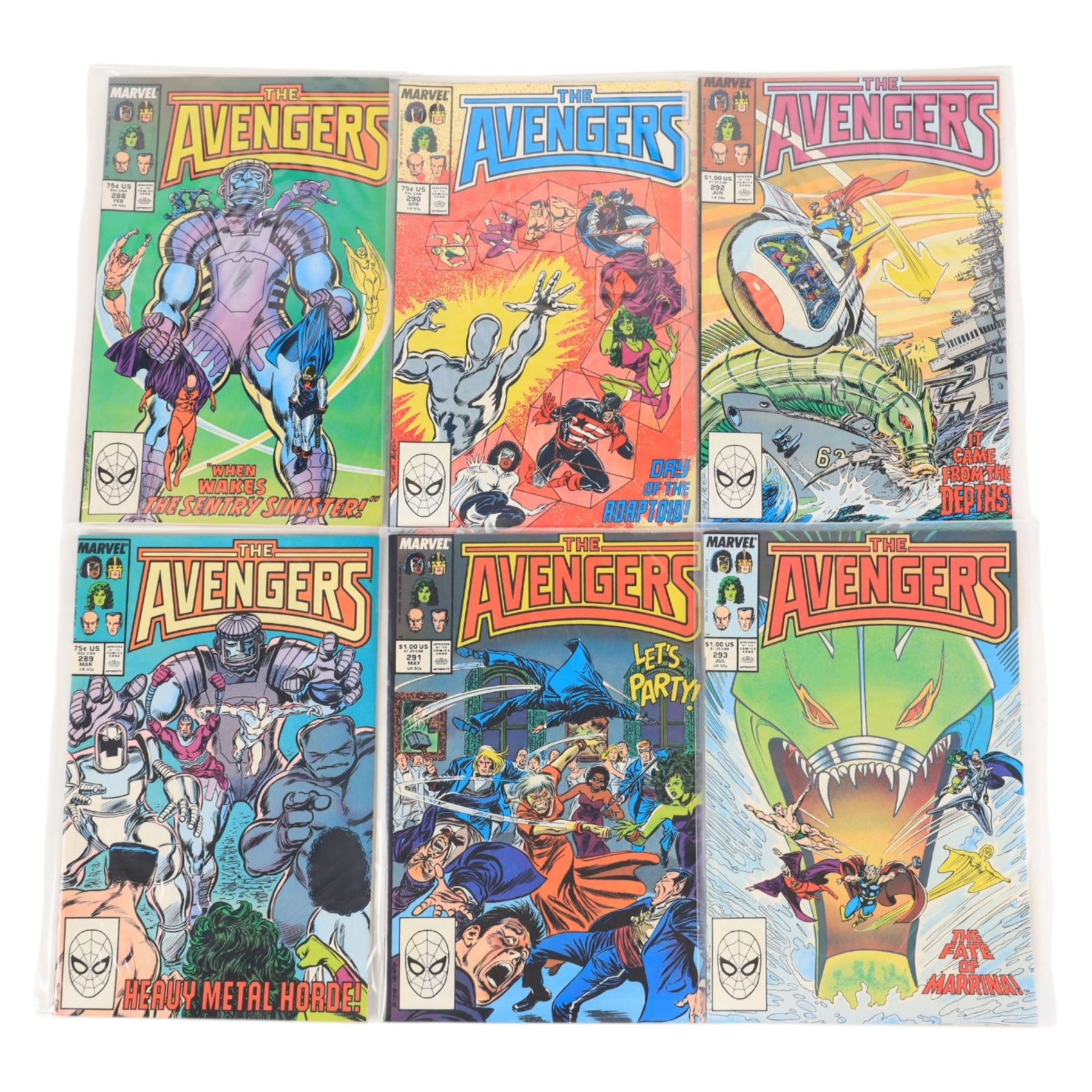 Forty-eight Marvel Bronze/Modern Age 'The Avengers' comic books, spanning years 1985-1990, comprising a continuous run of issues #261-#305 and issues #308, #309, #312 and #326