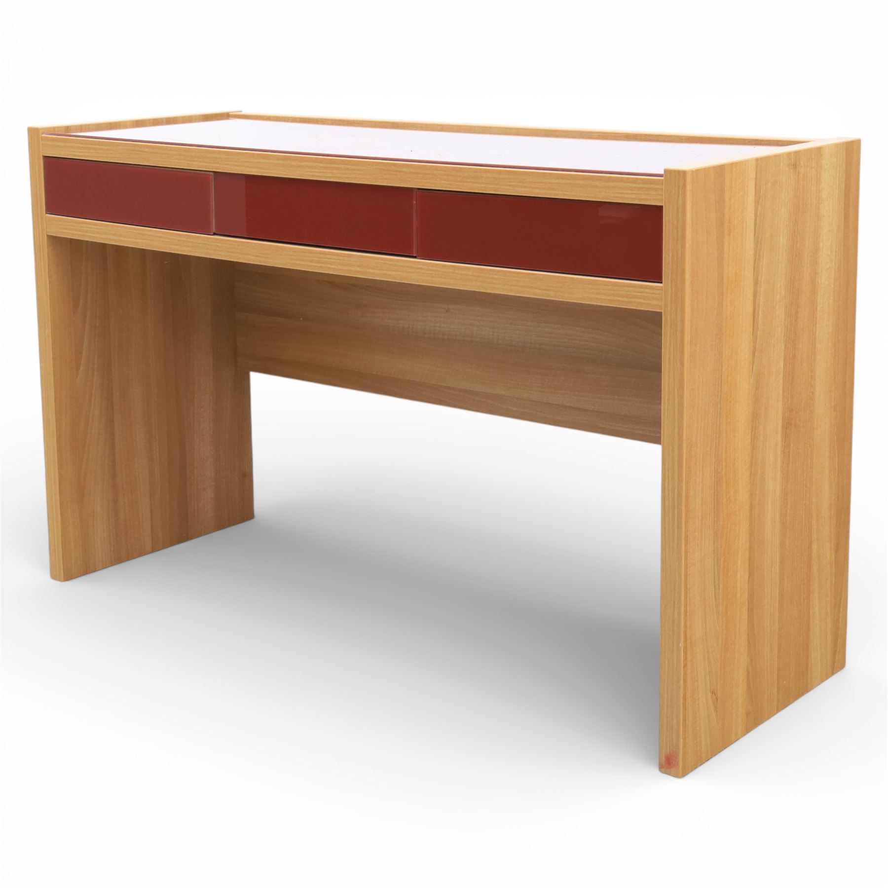 Sliderobes - modern dressing table and two bedside cabinets, red glass panels to top and drawer fronts, drawers with push to open mechanism, with veneered oak frames (Bedside tables H 56cm, D 50cm, W 40cm; Dressing table: H 83cm, D 50cm, W 135cm)