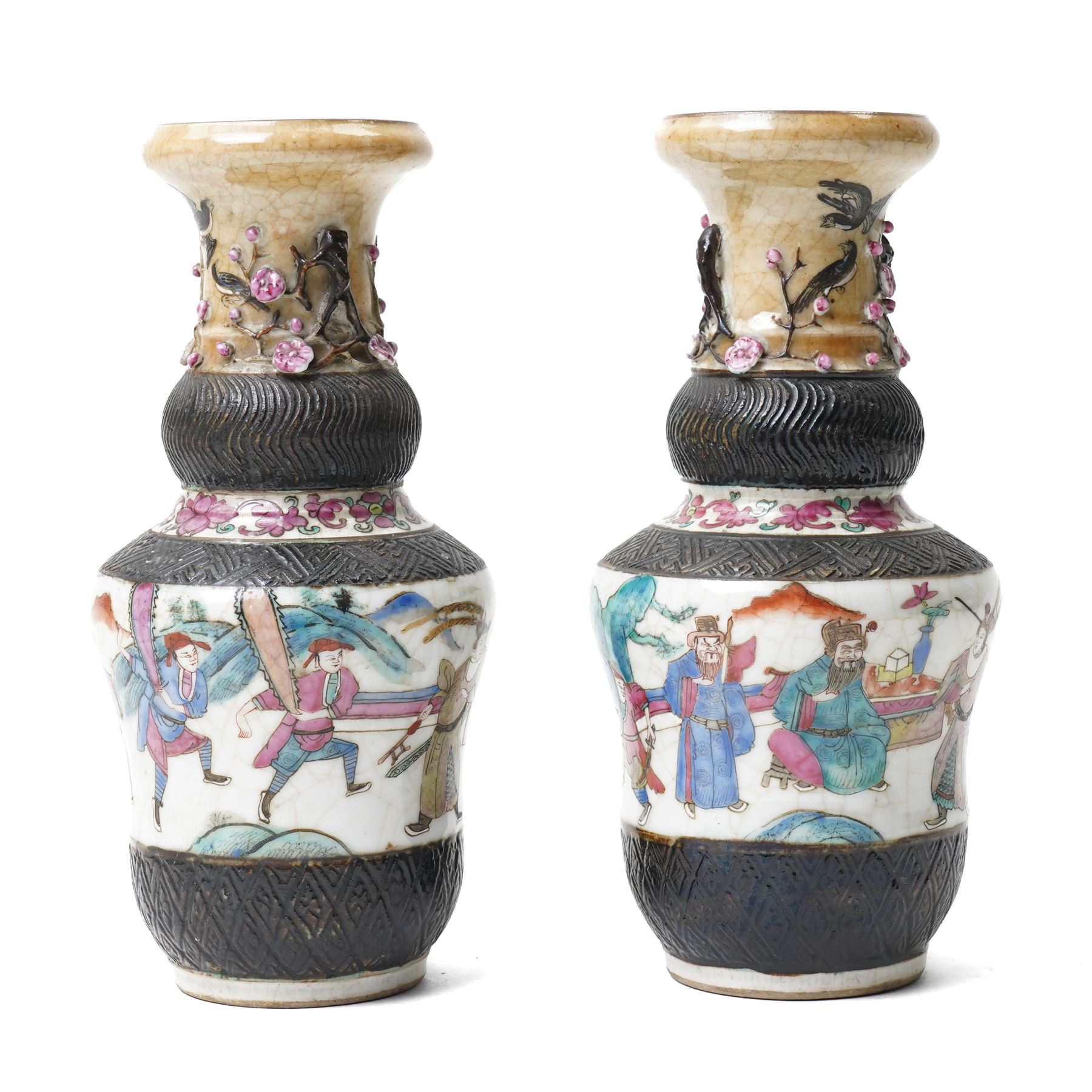 Pair of Chinese Nanking famille rose vases, painted with warriors parading, the neck moulded with cherry blossom in high relief, H24cm (2)