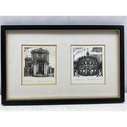 Kenneth Blues Wilson (Scottish 1946-): 'Ashmolean' and 'Sheldonian' - Oxford, pair woodblock prints framed as one signed titled and dated '87 in pencil 10cm x 9cm