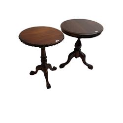 Georgian design mahogany pedestal occasional table, carved edge over birdcage action support, tripod base with acanthus leaf decoration and ball and claw feet (W50cm H70cm); Georgian design occasional table, circular top over vasiform pedestal with tripod base (W59cm H70cm)