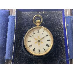 9ct gold ladies keyless lever fob watch, white enamel dial with Roman numerals, stamped 9K, in fitted case, 