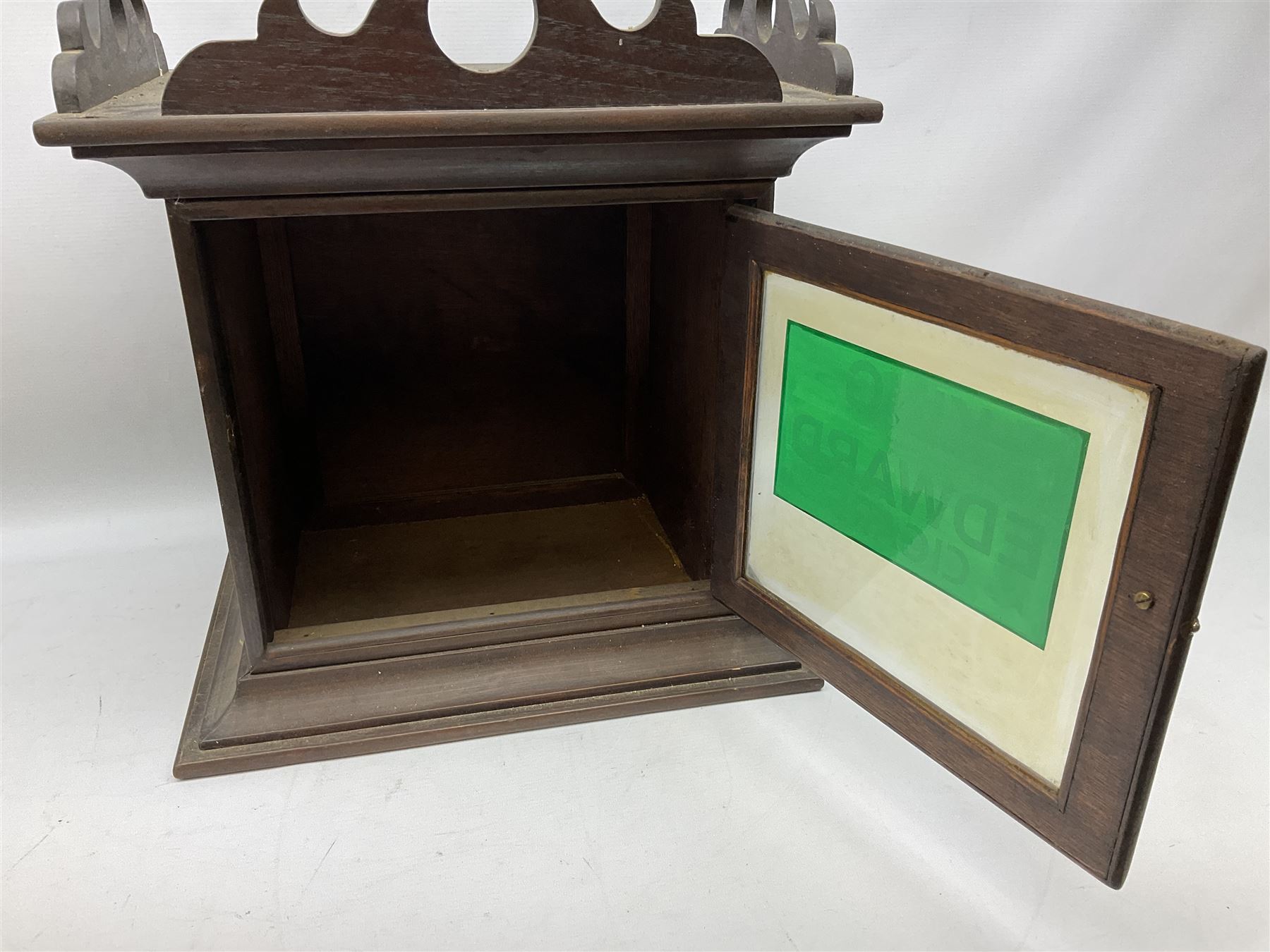 King Edward cigars countertop display advertising cabinet, with 'King Edwards Cigars' upon the glass and back opening door, H45cm, L42cm