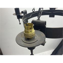 Pair of gothic style wrought iron ceiling lights, each with four branches, D58cm