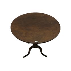 Georgian mahogany tripod table, circular tilt top on turned column, three out splayed supports