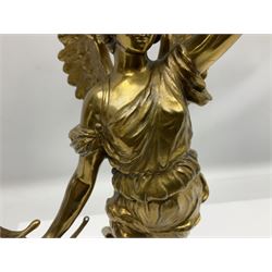 After Oswald Schimmelpfennig (German, 1872-1939): Pair of gilt bronze winged Allegorical female figures, the first example with arm outstretched holding a branch, signed 'Schimmelpfennig 1900', the second with arm raised above her head holding a book and sword in the other, both raised upon marble plinths, H45cm