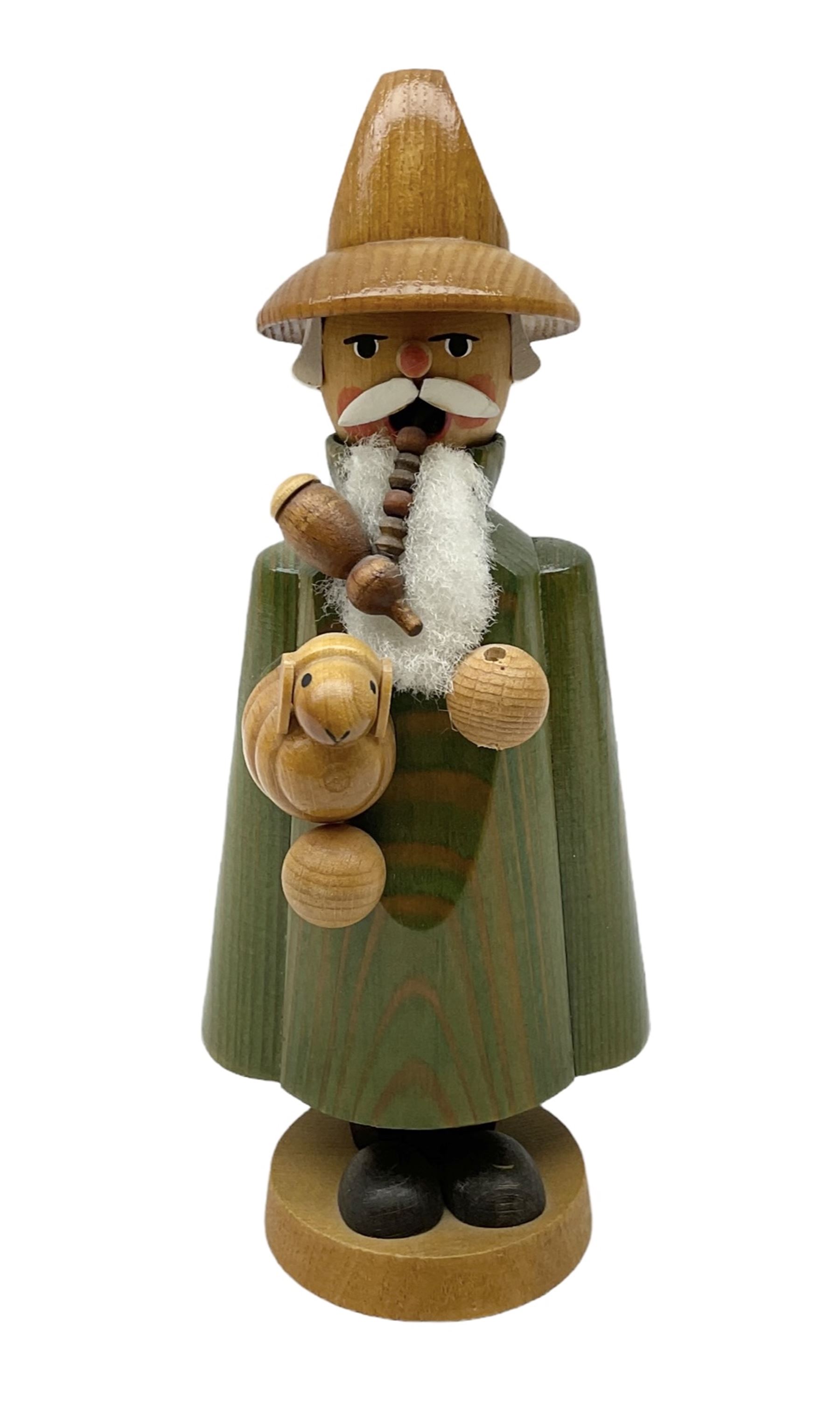German Erzgebirgische Volkskunst folk art carved and stained wood smoking men incense burner figure, modelled smoking a pipe, with sticker label beneath, H19cm